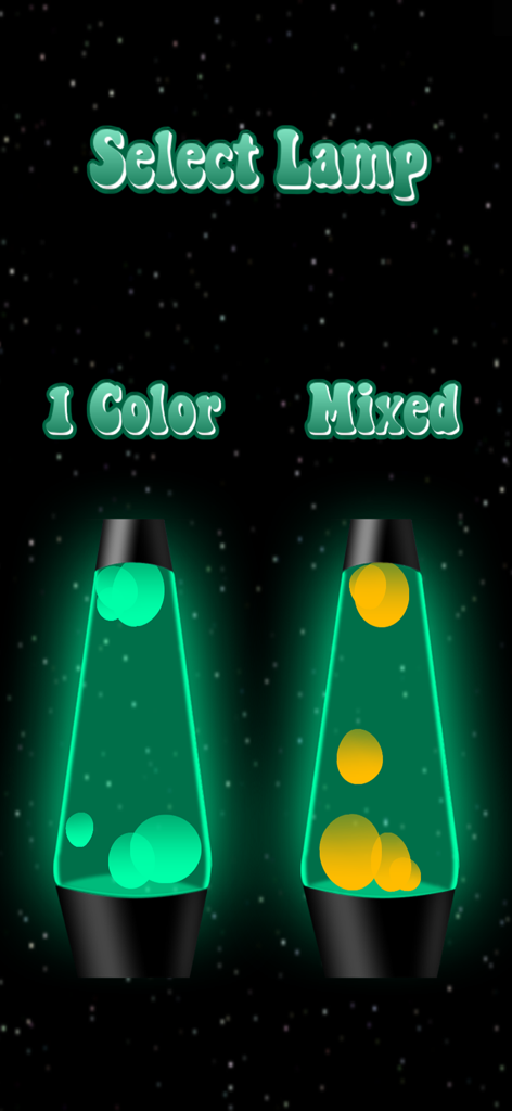 Lava Lamp Simulator - Lava Lamp Simulator app screen showing options to select between one color or mixed color lava lamps against a starry background