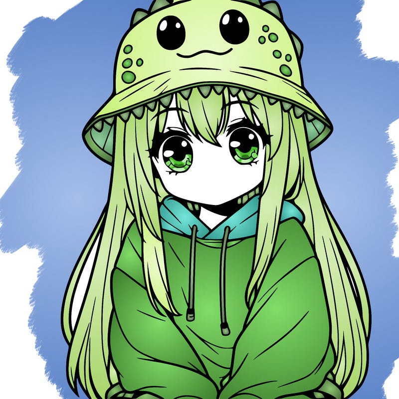 girl with anime shaped eyes with a dinosaur bucket hat oversized sweatshirt long straight hair