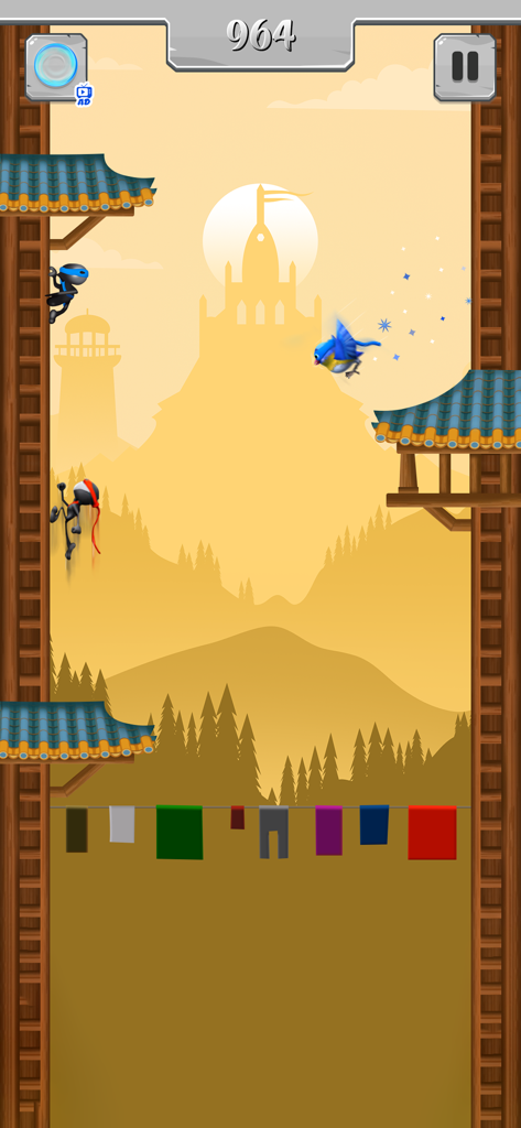 Ninja Jump Master - Ninja character jumping between walls and dodging a blue bird obstacle in Ninja Jump Master