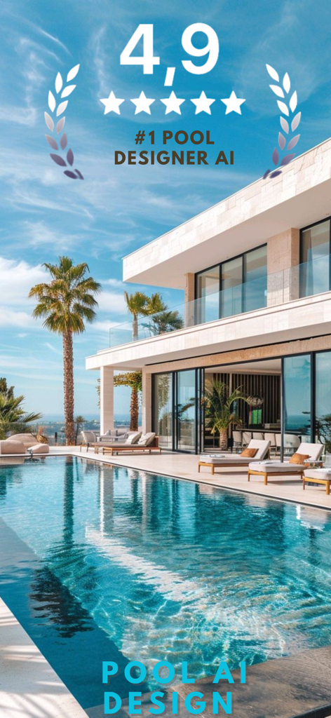 Modern luxury home with a large swimming pool featuring the Pool AI Design app branding and rating