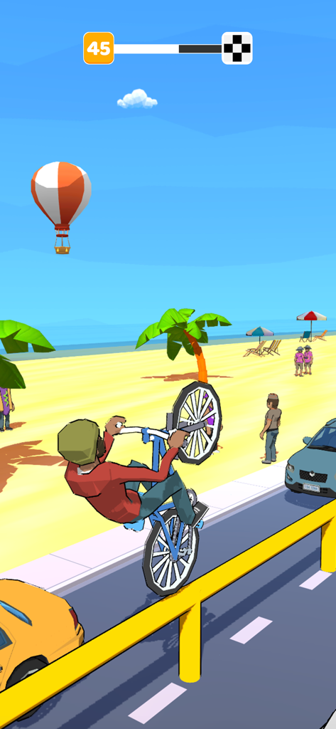 Wheelie Up - A character performing a wheelie on a bicycle at a sunny beach