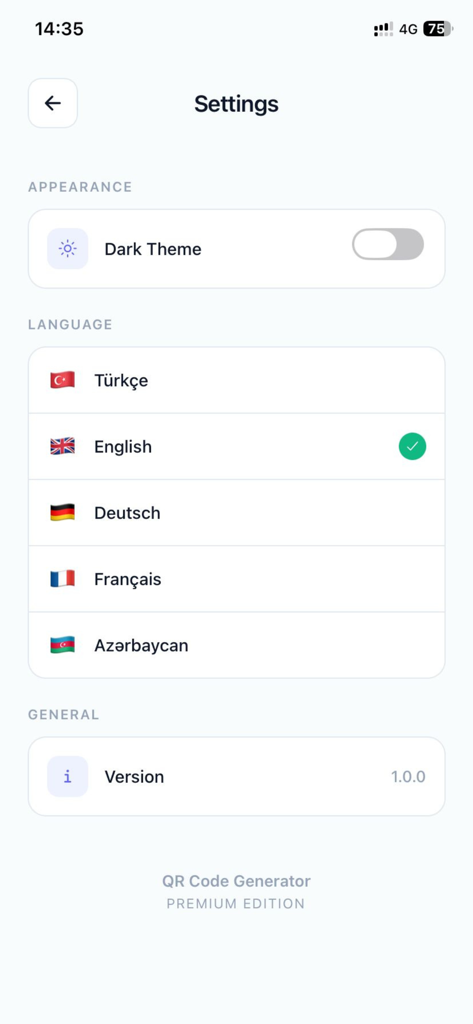 Settings screen of the QR Code Maker TR app showing language selection and dark theme toggle