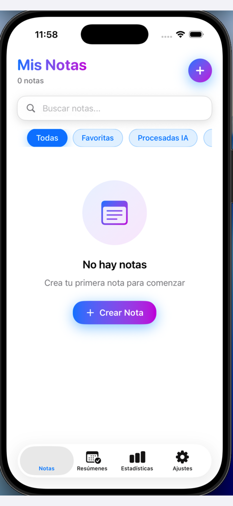 intelli note - The main dashboard of the intelli note app on an iPhone showing an empty notes screen with a purple and blue Create Note button and AI filter options.