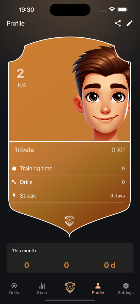 TRIVELA AI - Football Training - User profile screen in the TRIVELA AI app showing a personalized player card with training stats like drills and streaks