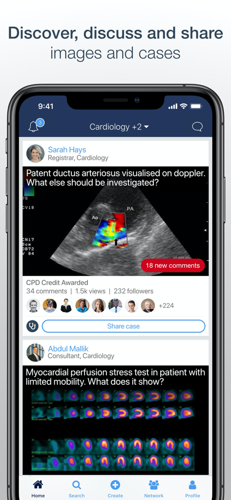 Interface de l'application MedShr montrant un flux de cas cliniques en cardiologie et de l'imagerie médicale pour les professionnels de santé