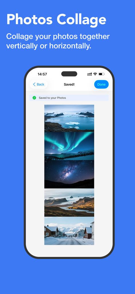 A smartphone displaying a vertical photo collage of nature landscapes created with the Zeta Stitch app.