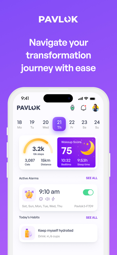 Pavlok - Pavlok app dashboard showing health metrics like steps sleep score and active habits on an iPhone