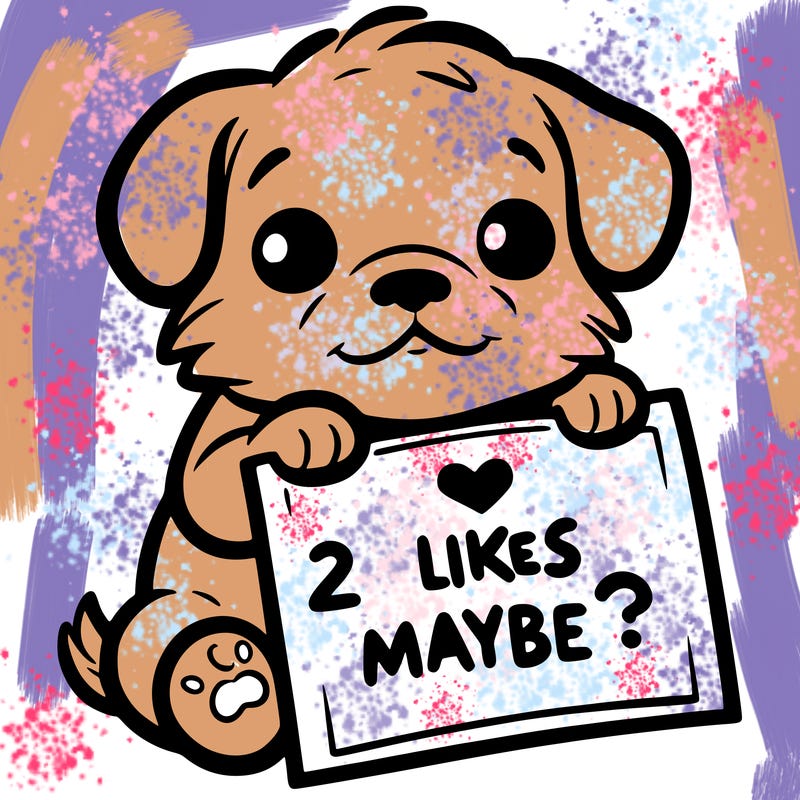 a puppy holding a sign that says 2 likes maybe?