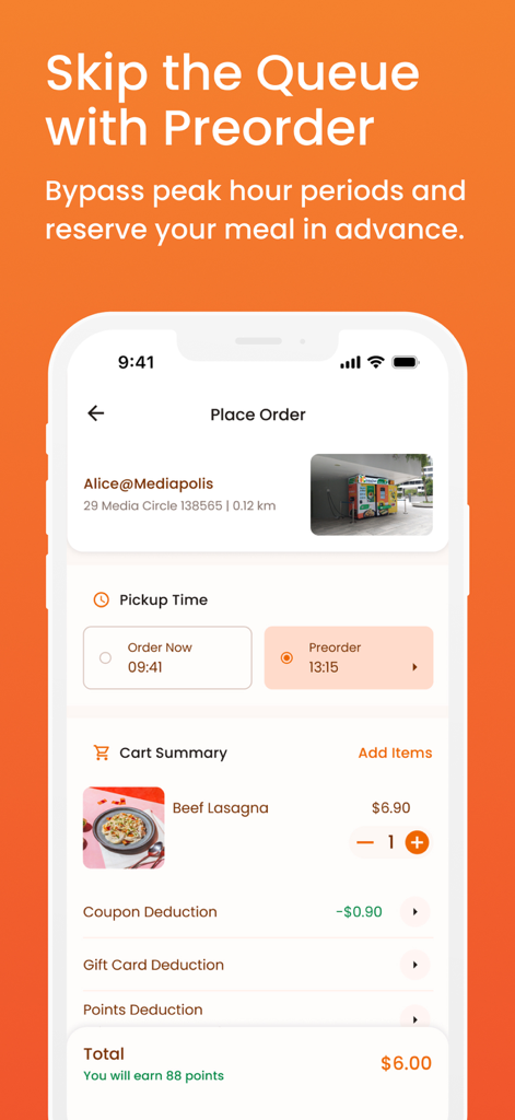 ChefGenie (formerly InstaChef) - ChefGenie app interface for preordering food from an unmanned kiosk with pickup time selection