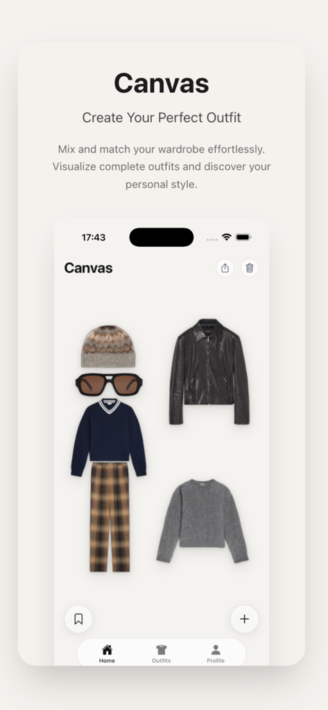 Outfit Studio - Style Canvas - Outfit Studio app displaying a digital canvas for creating and visualizing clothing combinations