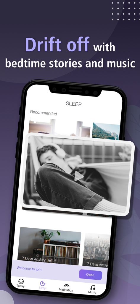 Now Meditation app interface displaying bedtime stories and music options to help users fall asleep