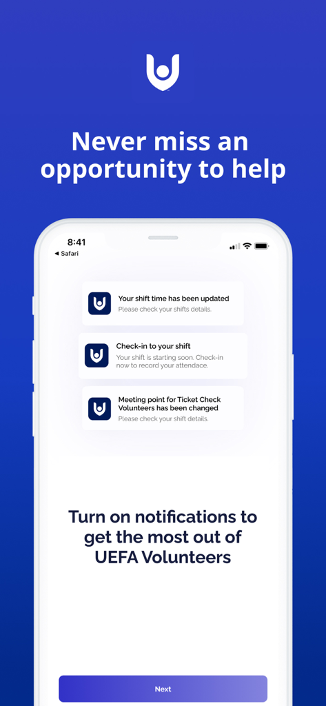UEFA Volunteers - A mobile screen showing the UEFA Volunteers app notification system with alerts for shift updates and check-ins