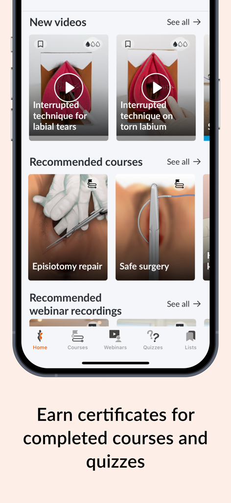 The GynZone mobile app home screen showing surgery videos and medical courses for birth professionals.