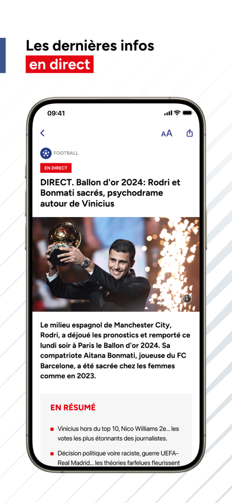 RMC Sport News app interface showing a live football news article about the Ballon d'Or award ceremony.