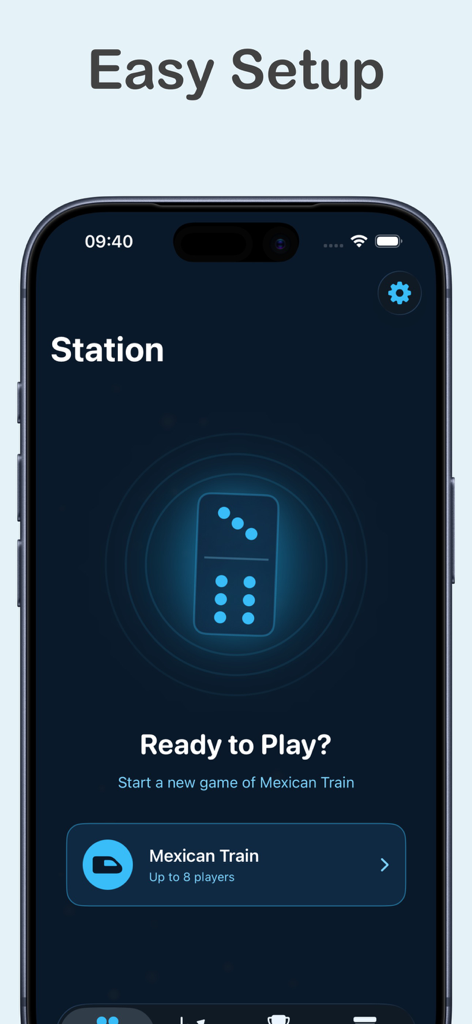 Easy setup screen for starting a new Mexican Train dominoes game.