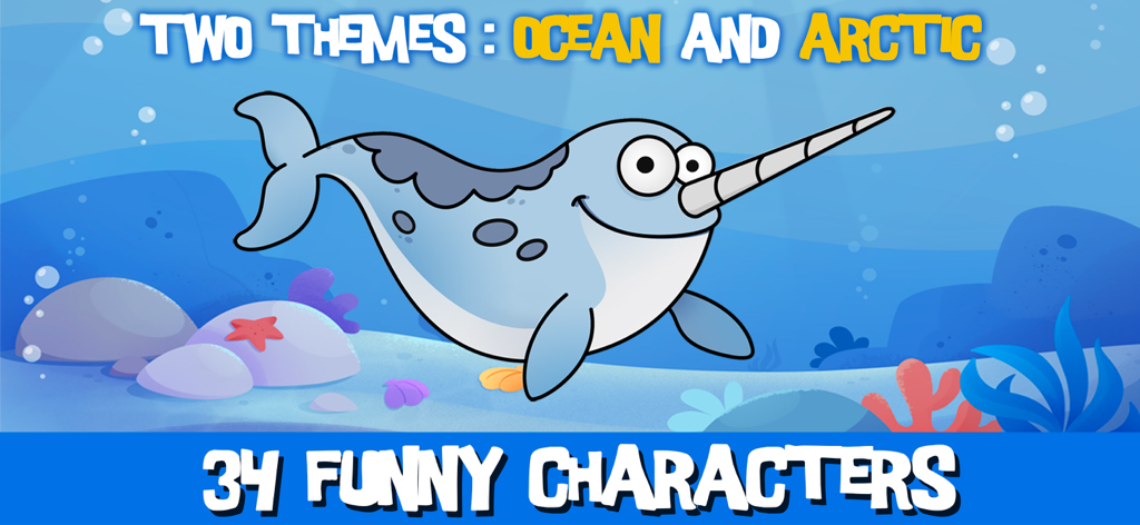 Ocean Games: Kids & Girls 1-6 - Un narvalo cartone animato che nuota in un'ambientazione sottomarina con testo su temi oceanici e artici