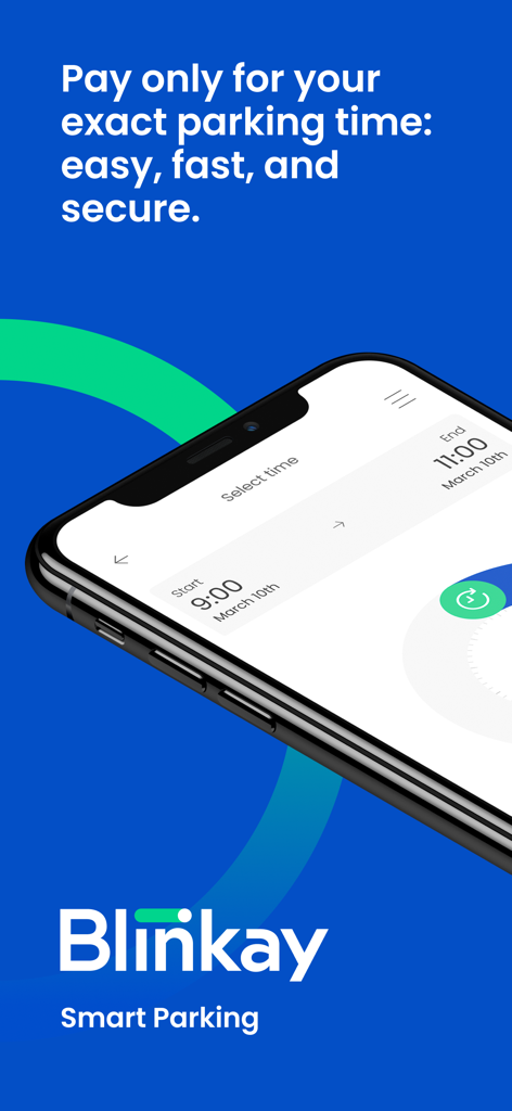 Blinkay: smart parking app - Tela de smartphone exibindo a interface do aplicativo Blinkay para selecionar o horário exato de estacionamento.