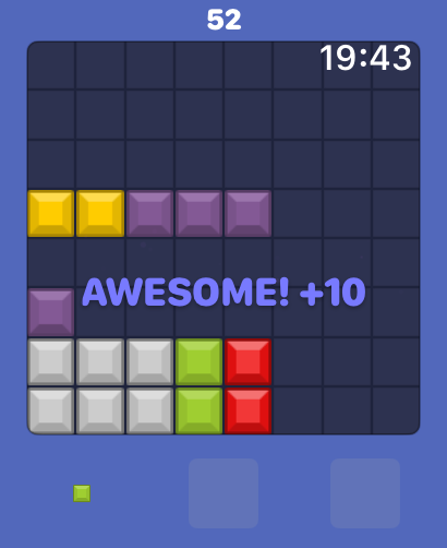 색깔 있는 블록이 있는 Apple Watch의 Block Blast 퍼즐 게임 인터페이스