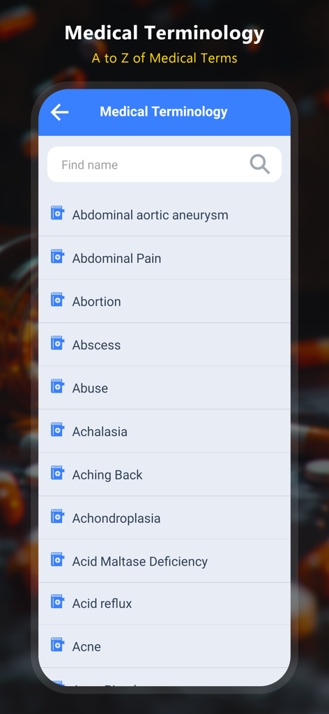 Drugs Dictionary - Offline - List of medical terminology starting with the letter A in the Drugs Dictionary app