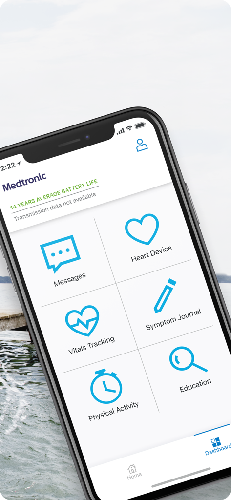 MyCareLink Heart™ - Dashboard of the MyCareLink Heart app on an iPhone showing clinical monitoring features like heart device status and vitals tracking.