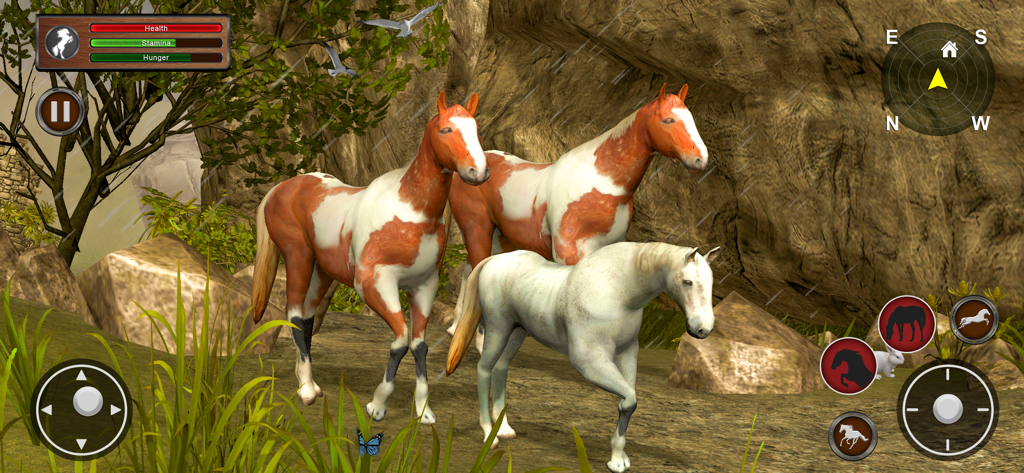 Wild Horse Simulator 3D - Three horses standing in a rocky nature environment with gameplay status bars and controls