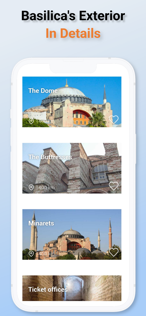 Audio Guide to Hagia Sophia - Mobile app screen showing the exterior details of Hagia Sophia including the dome and minarets