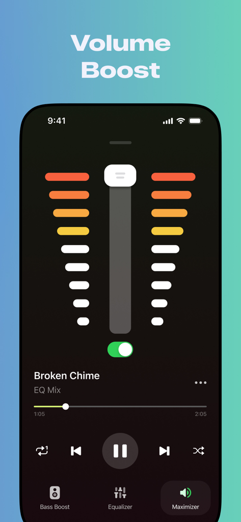 Bass Booster + Sound Equalizer - Interfaccia dell'app Bass Booster che mostra la funzione Volume Boost con un cursore centrale e barre colorate del livello di frequenza