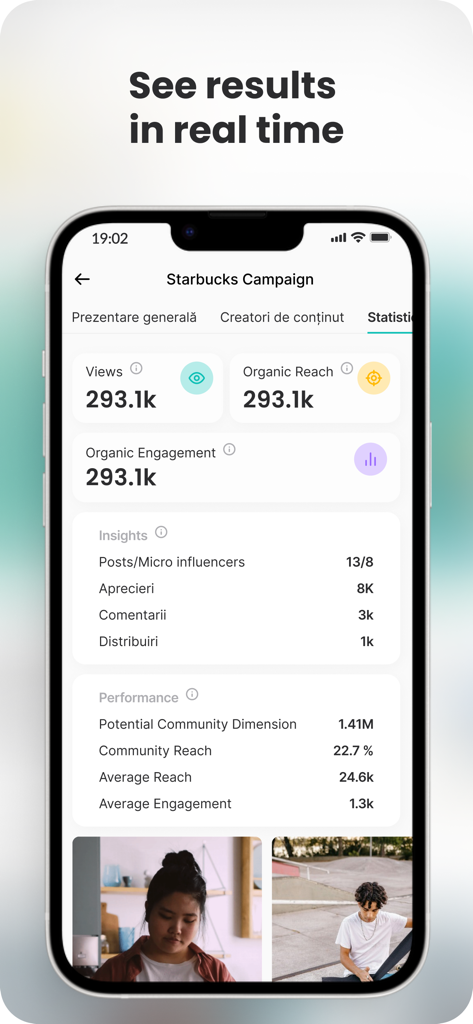 FameUp - Panel de control de FameUp mostrando métricas de campaña de marketing en tiempo real, incluyendo vistas, alcance orgánico y engagement