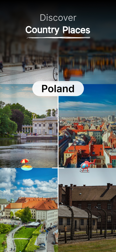 Live Earth Map - Live Camera - Tela de aplicativo móvel mostrando uma coleção de fotos cênicas e marcos da Polônia para descoberta de viagens virtuais.