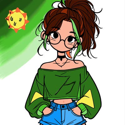 girl with a messy ponytail glasses a baggy crop top and jean shorts