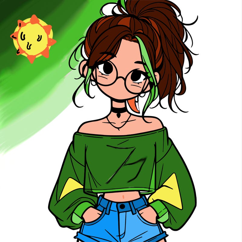 girl with a messy ponytail glasses a baggy crop top and jean shorts