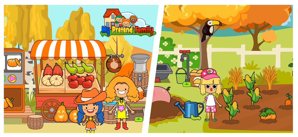 A split screen showing characters at a fruit market stand and a vegetable garden in a digital dollhouse game