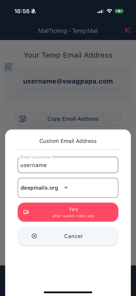 Interface of MailTicking app showing the custom email address creation popup with username and domain options