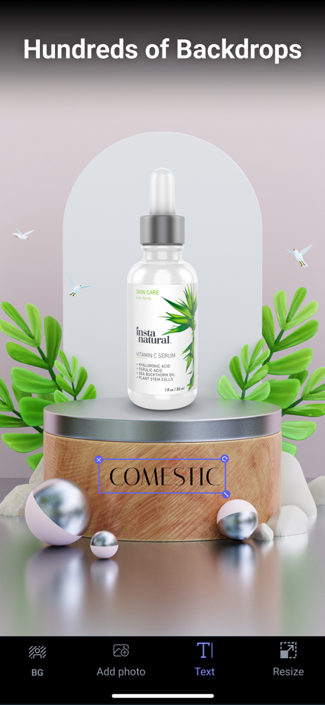 Remove background - snap edit - E-commerce product photo of a serum bottle with a professional aesthetic backdrop and text editing tools