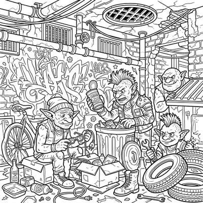 Step into the hidden world of mischievous City Trolls with this intricate coloring page designed especially for teens. Discover them scavenging through urban alleyways, surrounded by detailed graffiti and forgotten treasures, ready for your creative touch.