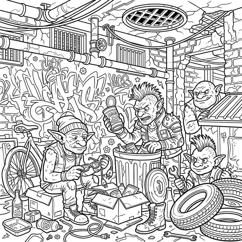Step into the hidden world of mischievous City Trolls with this intricate coloring page designed especially for teens. Discover them scavenging through urban alleyways, surrounded by detailed graffiti and forgotten treasures, ready for your creative touch.