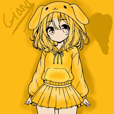 pretty anime girl wearing a fluffy hoodie with bunny ears on the hood and a skirt