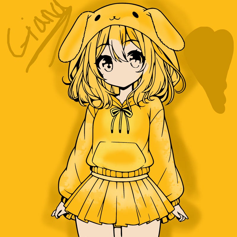 pretty anime girl wearing a fluffy hoodie with bunny ears on the hood and a skirt
