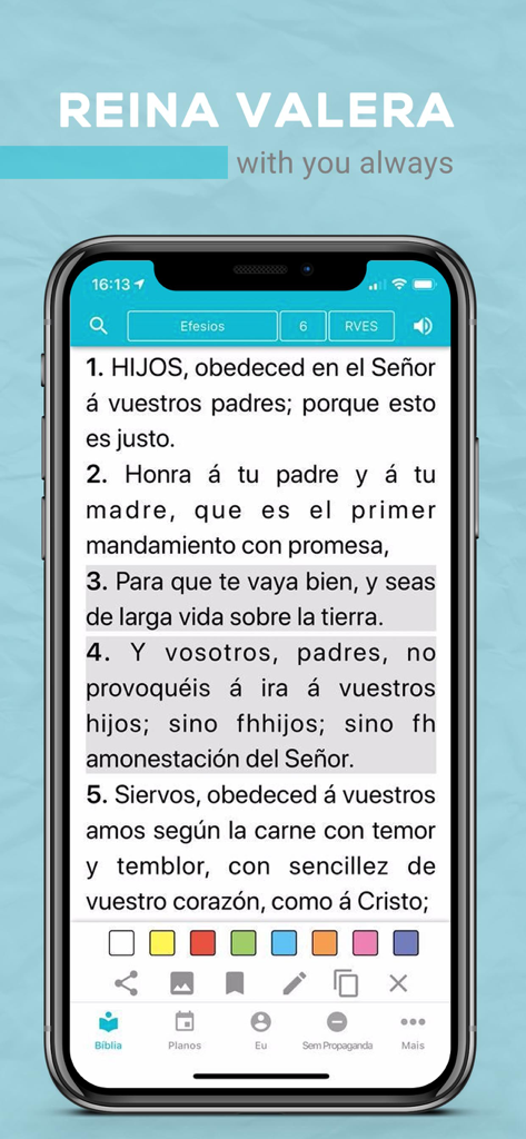 Bible Reina Valera - Smartphone screen displaying the Bible Reina Valera app in Spanish with color highlighting and scripture sharing options.