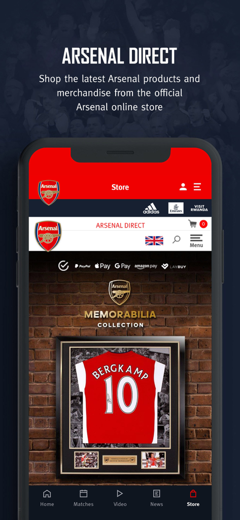 Arsenal Official App - Captura de tela da seção de loja do Aplicativo Oficial do Arsenal apresentando memorabilia de Bergkamp.