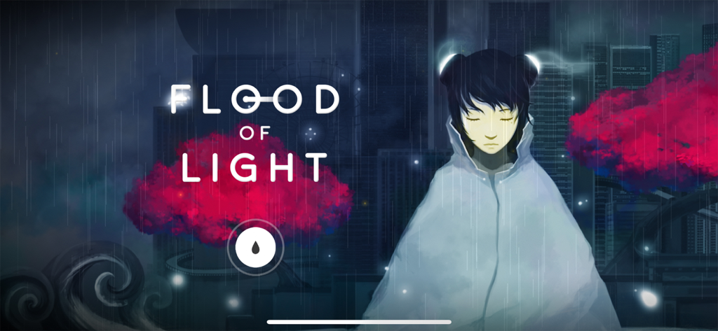 A mysterious girl in a white raincoat stands in a rainy city backdrop on the title screen of Flood of Light