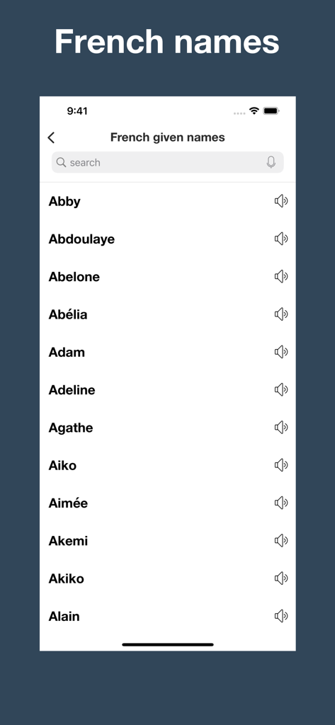 A searchable list of French given names with audio pronunciation icons in the French Etymology and Origins app.