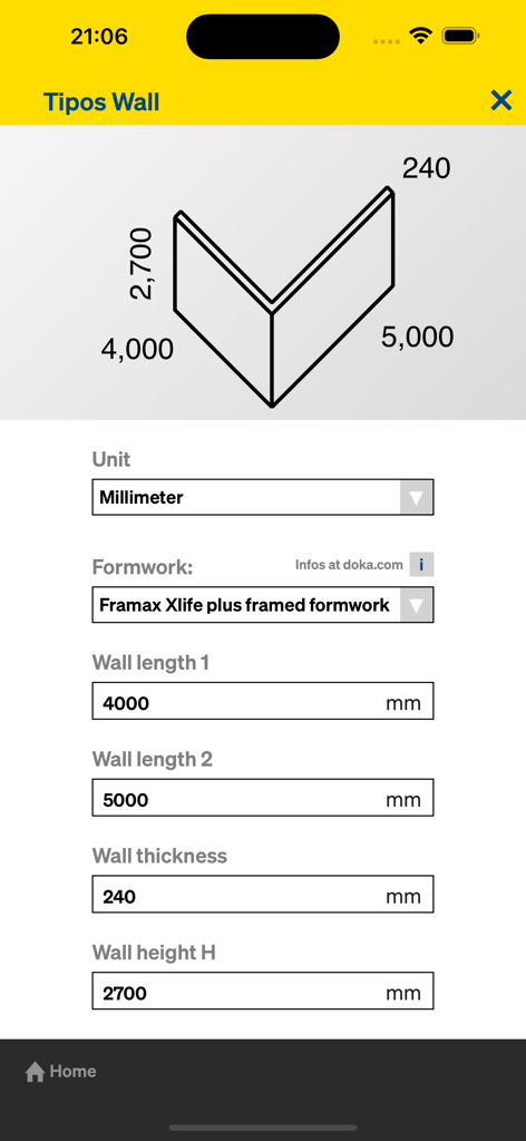 Bildschirmrechner für Wandschalungen der Doka Tools Mobile App zur Berechnung von Wanddimensionen und Materialbedarf