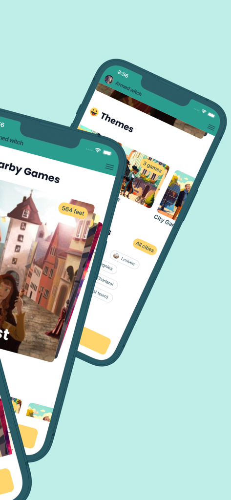 Coddy - Écrans de l'application mobile Coddy montrant des jeux d'évasion urbains à proximité et des thèmes d'exploration urbaine