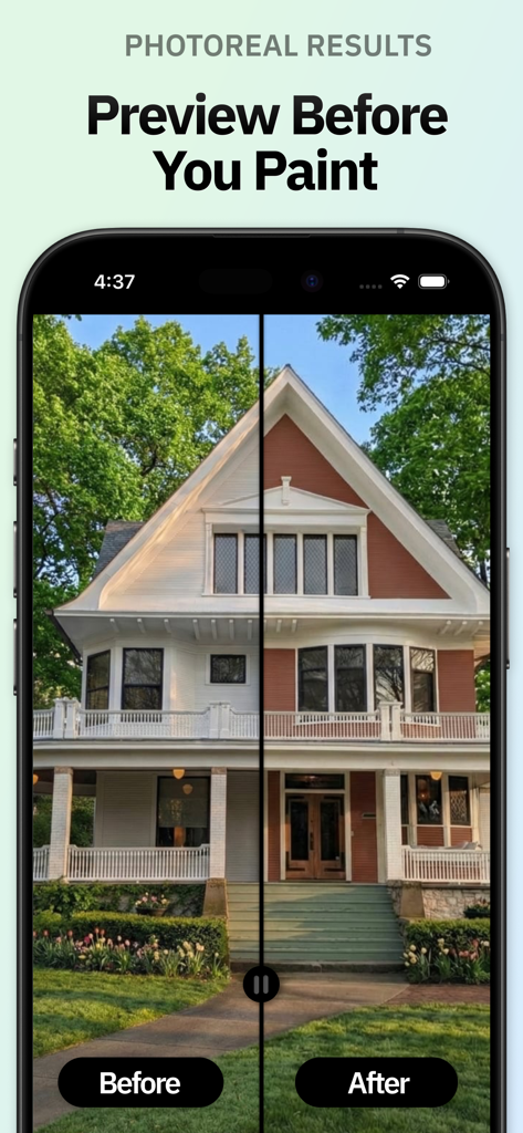 Before and after comparison of a house exterior using the Repaint paint visualizer app.