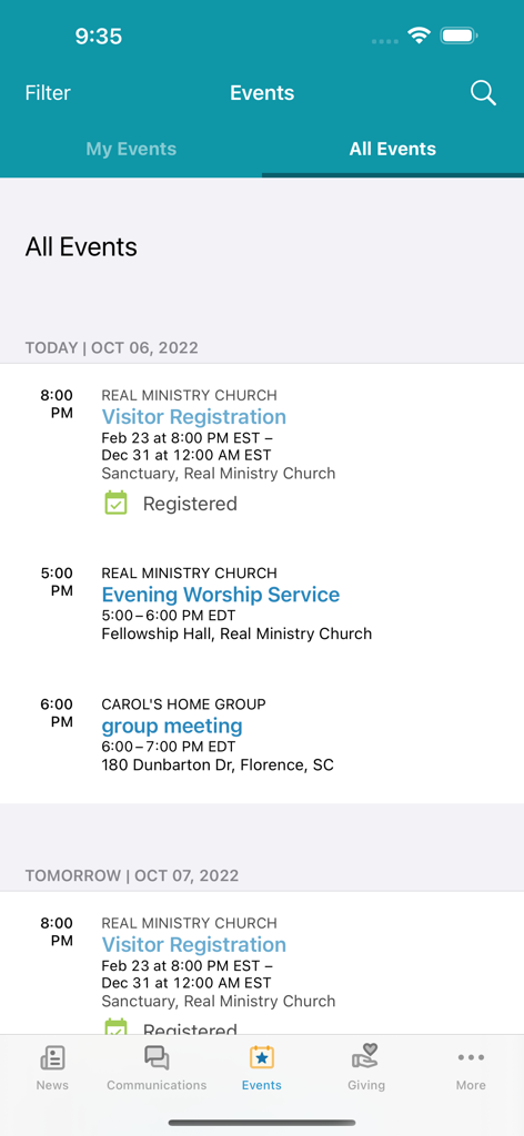Realm Connect - For Our Church - A list of upcoming church events and worship services displayed in the Realm Connect app schedule