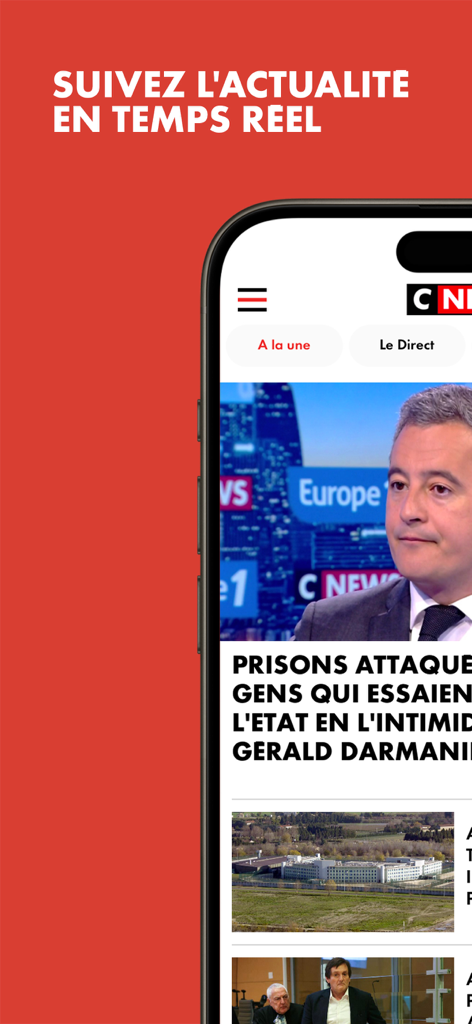 CNEWSモバイルアプリのインターフェース。リアルタイムのフランスのニュース見出しとライブ放送オプションを表示。
