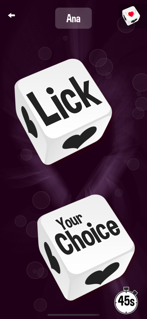 A screenshot of the ErosDice app showing two dice with the words Lick and Your Choice on a purple background.