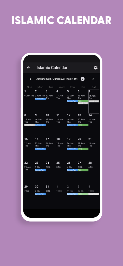 Islamic calendar screen in Salam App showing Gregorian and Hijri dates with sunnah fast reminders in dark mode