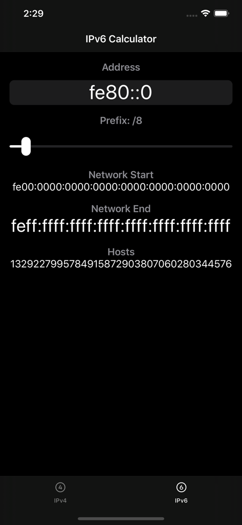 Subnet 64 mobile app interface for IPv6 network calculations showing start and end addresses.